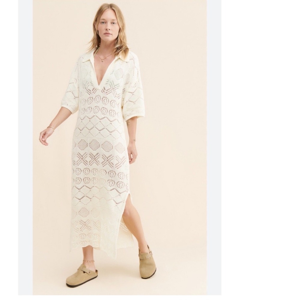 FP Beach Cream Crochet Knit Maxi Dress Collar V Neck Short Sleeve‎